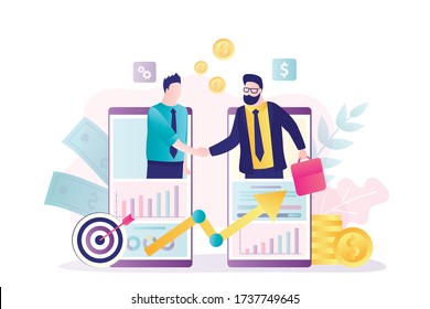 Business partners make deal. B2B connection, mobile technology. Successful negotiations, businesspeople handshake. Agreement, partnership and teamwork. Equity Market Investments. Vector illustration 