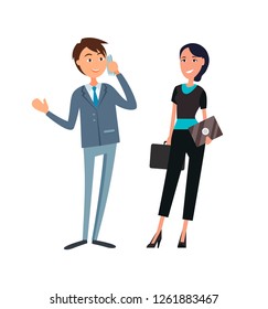 Business partners man and woman in flat design cartoon style. Coworkers, male speaking on phone, female in formal wear with tablet in hands smiling