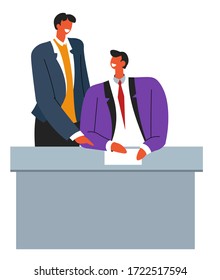 Business partners at meeting making agreement, man signing document by table. People cooperating together, employer and employee. Male character pointing on sheet of paper, vector in flat style