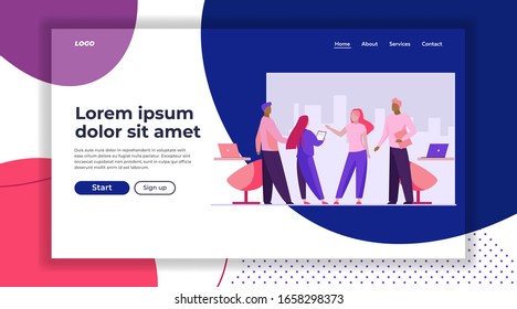 Business partners meeting in office. Businesspeople standing and talking flat vector illustration. Partnership, cooperation, discussion concept for banner, website design or landing web page