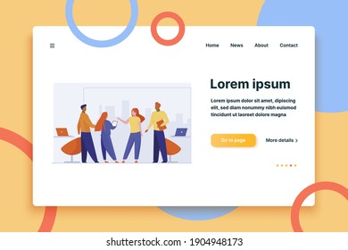 Business partners meeting in office. Businesspeople standing and talking flat vector illustration. Partnership, cooperation, discussion concept for banner, website design or landing web page