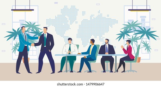 Business Partners Meeting on Company Office, Successful Partnership, Contract Terms Discussing, Good Deal Flat Vector Concept. Businessman Handshaking, Welcoming Partner on Negotiations Illustration