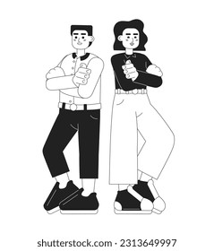 Socios comerciales monocromáticos de vectores planos. Asociación estratégica de inicio. Alianza. Gente de cuerpo completo de delgada línea editable sobre blanco. Sencilla imagen de spot de dibujos animados bw para diseño gráfico web