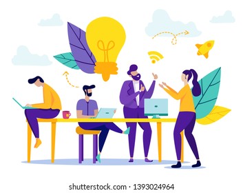 Business Partners in Office. Office Workers Discuss Business Idea. Partnership in Business. Vector Illustration. New Technologies. People Work on Laptop. Communication Business Partners.