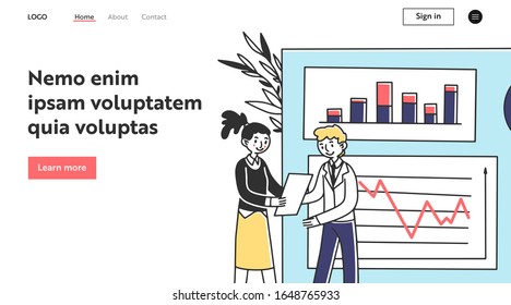 Socios comerciales que presentan informes. Gestores analizando gráficos, gráficos ilustraciones vectoriales planas. Concepto de negocio, marketing, análisis para banner, diseño de sitio web o página web de inicio