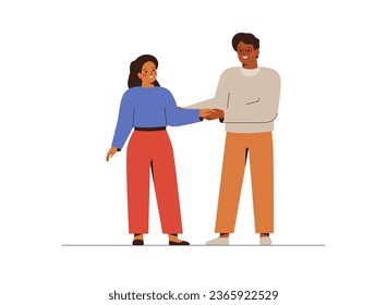 Business partners respectfully shake each other's hands. Handshake between a man and a woman. Teamwork and corporate communication concept. Vector illustration