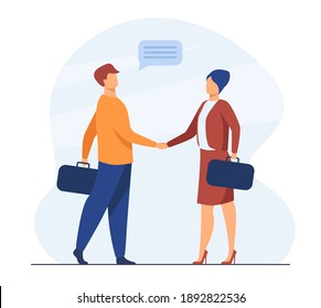 Business partners saying hello or closing deal. Man and woman shaking hand. Flat vector illustration. Hiring, cooperation concept for banner, website design or landing web page