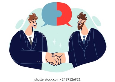 Business partners shake hands after successfully solving joint problem, stands near speech clouds from puzzle. Corporate partners received mutually beneficial results thanks to collaboration