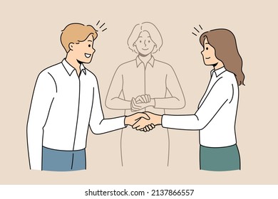 Business Partners Shake Hands Find Solution With Help Of Mediator. Happy Employees Or Colleagues Come To Agreement Resolve Problem With Impartial Arbitration. Vector Illustration. 