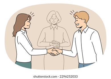 Business partners shake hands find solution with help of mediator. Happy employees or colleagues come to agreement resolve problem with impartial arbitration. Vector illustration.