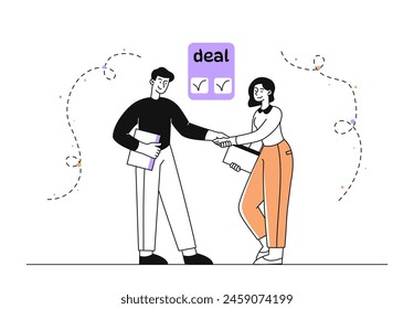 Los socios comerciales se dan la mano de forma sencilla. Hombre y mujer después de negociaciones exitosas. Asociación, colaboración y cooperación. Doodle Ilustración vectorial plana aislada sobre fondo blanco