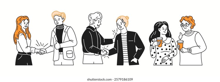 Business partners shake hands talking color linear icons collection. Woman and man enjoys informal conversation doodle characters on white