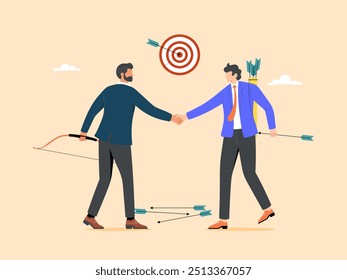 Business partners shaking hands after hitting the target with arrows