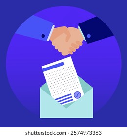 Business partners shaking hands after signing contract, closing deal or sending official business document, agreement or letter