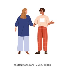 Business partners shaking hands for agreement on cooperation, deal. Handshake between man and a woman. Collaboration, respect and trust concept. Flat vector illustration isolated on white background