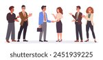 Business partners shaking hands. Bissiness deal or agreement, men and woman shaking hands surrounded by applauding team flat vector illustration. Office workers handshake