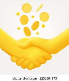Business partners shaking hands. Earn money business team concept with coins. 3d vector illustration isolated on white background