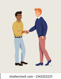 Business partners shaking hands flat illustration. Two friends greeting vector clipart. Characters meeting. Businessmen making agreement. Employee hiring. Negotiation. International partnership