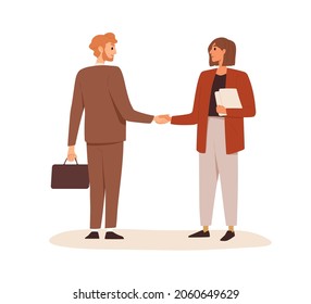 Business partners shaking hands. Handshake of man and woman making deal, coming to agreement and concluding contract. Partnership concept. Colored flat vector illustration isolated on white background