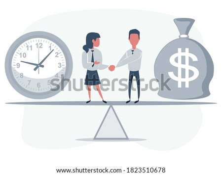 Business partners shaking hands on seesaw between clock and bag with dollar symbol - money and time. Vector flat design illustration.