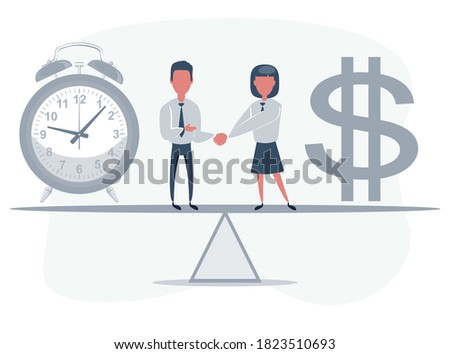 Business partners shaking hands on seesaw between clock and bag with dollar symbol - money and time. Vector flat design illustration.