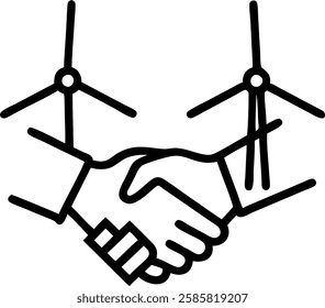 Business partners shaking hands over wind farm deal concept as Two business partners shake hands in front of a backdrop featuring wind turbines signifying a successful partnership in clean energy vent
