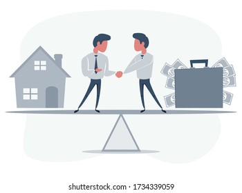 Business partners shaking hands as a symbol of unity. People standing on seesaw. Vector flat design illustration.