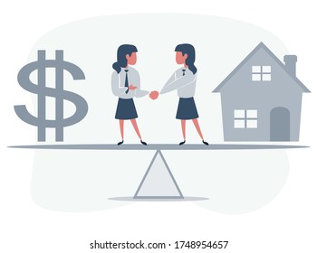 Les partenaires commerciaux serrent la main en signe d'unité. Des hommes d'affaires debout sur la balançoire entre la maison et le signe du dollar. Travail féminin. Une femme achète une maison. Image vectorielle illustration de création à plat.