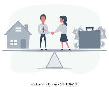 Business partners shaking hands as a symbol of unity. People standing on seesaw. Woman selling house. Vector flat design illustration.