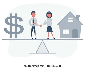 Business partners shaking hands as a symbol of unity. People standing on seesaw. Woman buying a house. Vector flat design illustration.