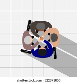 Business partners shaking hands as a symbol of unity, view from the top, vector