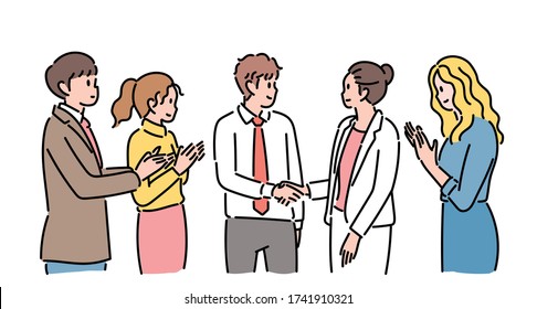 Business partners are shaking hands. Team members are clapping. hand drawn style vector design illustrations. 