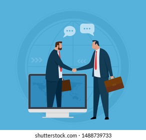Business partners shaking hands through computer monitor. Corporate and cooperative business. Vector illustration.