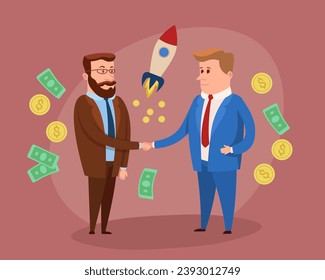 Business partners shaking hands vector illustration. Rocket launch and money on background. Startup project, agreement, partnership concept