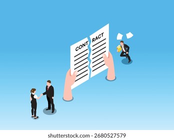Parceiros de negócios apertando as mãos enquanto um contrato é rasgado pela metade, encerrando um negócio, quebrando um contrato e quebrando uma parceria. ilustração de vetor 3d
