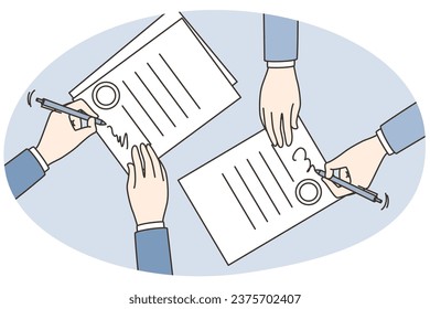 Business partners sign contract close deal in office. Businessmen put signature on paper document make agreement. Partnership concept. Vector illustration.