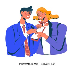Los socios comerciales firman un documento de contrato comercial, ilustración vectorial plana aislada en fondo blanco. El concepto de cierre del trato y de acuerdo comercial.