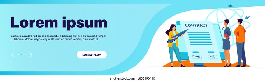 Business partners signing contract online. Leaders affixing signatures to document on monitor flat vector illustration. Internet, agreement concept for banner, website design or landing web page