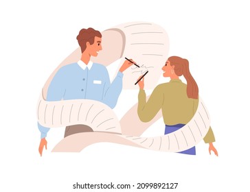 Business partners signing contract. People with pens putting signatures on paper document, concluding agreement. Treaty conclusion concept. Flat vector illustration isolated on white background