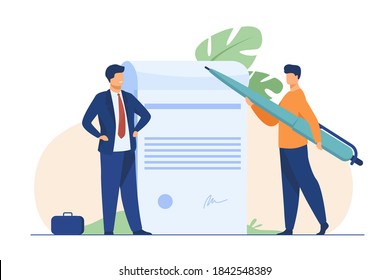 Business partners signing document. Tiny characters with pen, paper with signature and seal flat vector illustration. Paperwork, cooperation concept for banner, website design or landing web page