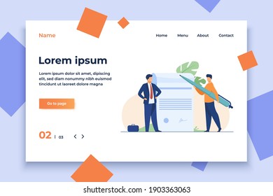 Business partners signing document. Tiny characters with pen, paper with signature and seal flat vector illustration. Paperwork, cooperation concept for banner, website design or landing web page