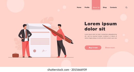 Business partners signing document. Tiny characters with pen, paper with signature and seal flat vector illustration. Paperwork, cooperation concept for banner, website design or landing web page