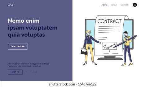 Business partners signing electronic contract. Signature, tiny businessmen, document flat vector illustration. Deal, agreement, partnership concept for banner, website design or landing web page