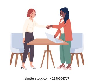 Business partners singing agreement at meeting semi flat color vector characters. Editable figures. Full body people on white. Simple cartoon style illustration for web graphic design and animation