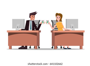 business partners smiling while drinking coffee. business people enjoying coffee break. flat character design. vector illustration