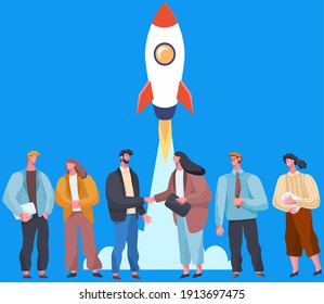 Business partners successful team. Investors make deal, financing of creative projects. Woman and man business handshake. Group of people shake hands standing near rocket, conclude new agreement