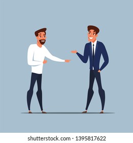 Business partners talking flat illustration. Two friends greeting vector clipart. Characters meeting. Businessmen making agreement. Employee hiring. Negotiation. International partnership