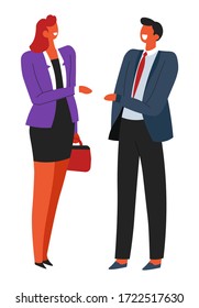 Business partners talking on meeting, isolated businessman and businesswoman discussing company problems and solutions. Man and woman having talk and brainstorming on project, vector in flat style