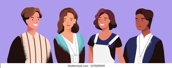 Business partners, team, coworkers vector illustration. Partnership, teamwork, cooperation concept. Company staff, colleagues, businesspeople cartoon characters isolated on blue background.