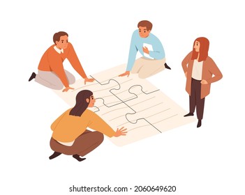 Business partners team at meeting, joining puzzle pieces. Concept of partnership, cooperation and teamwork. Success in collaboration of employees. Flat vector illustration isolated on white background